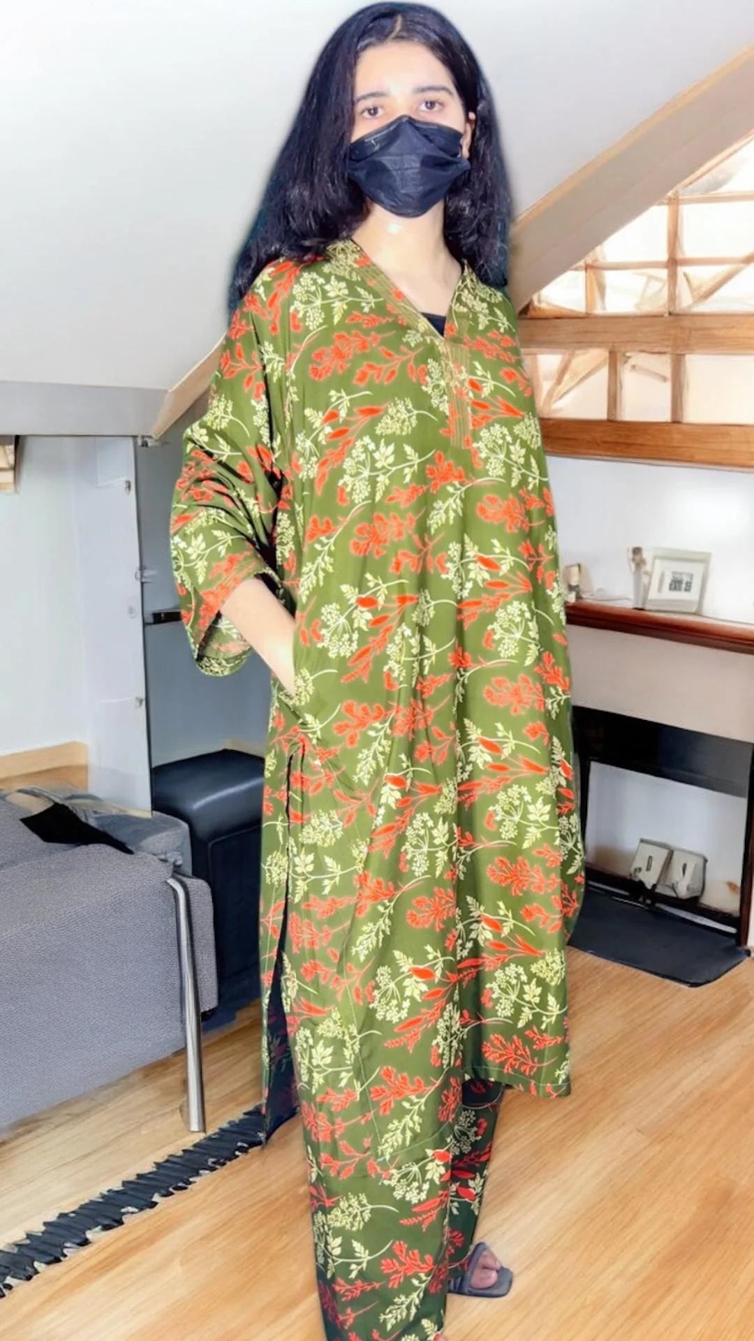 Hina digital print suit long length pocket style